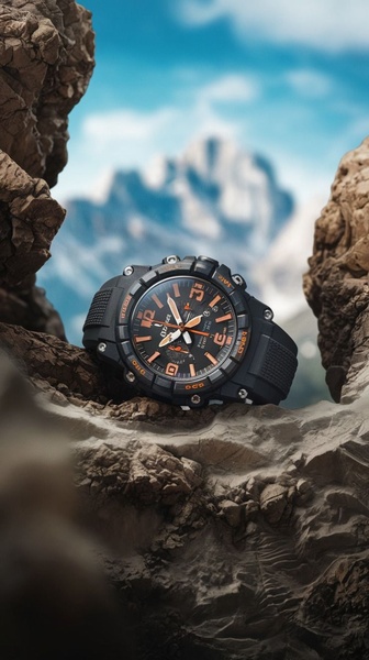 sports watch, analog watch, tactical watch, outdoor watch, wrist watch, brand awareness, lifestyle, energetic, bold, neutral, blue, orange